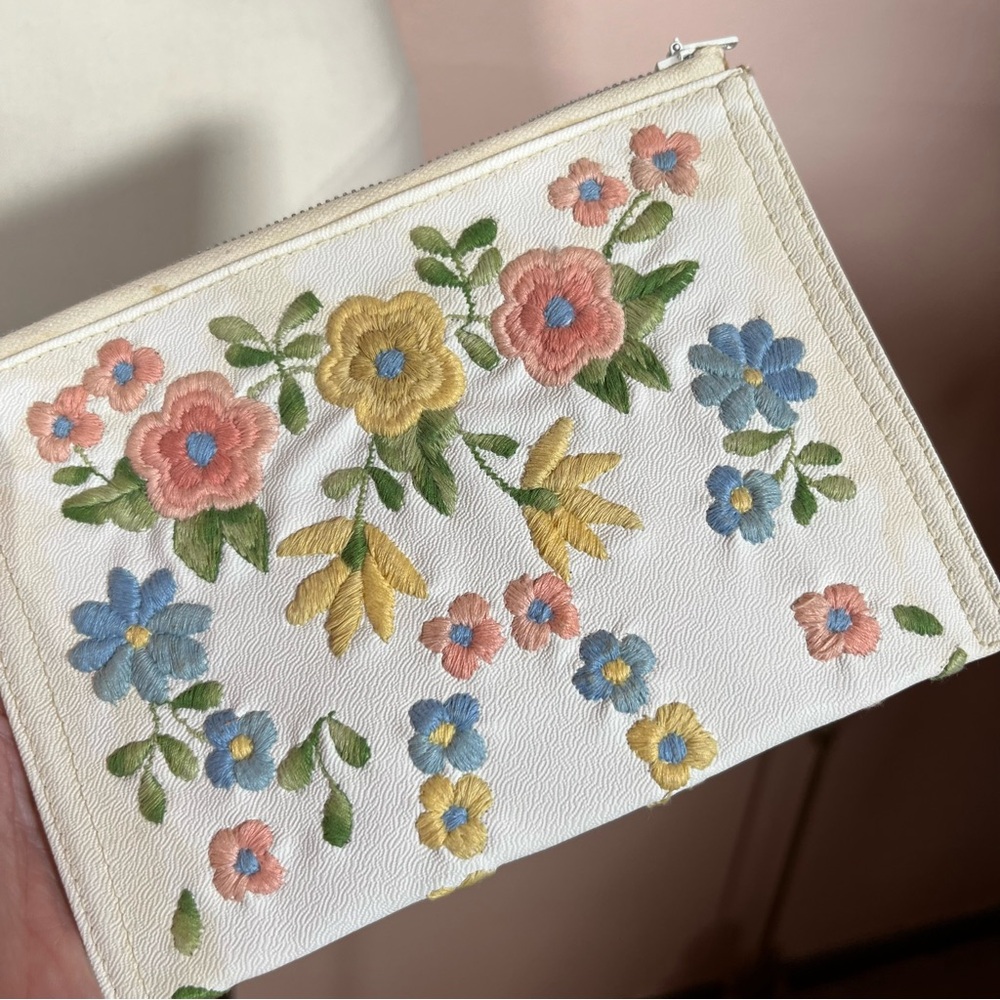 Vintage 40 50 Retro white Leather Pastel embroidered Cottagecore Clutch mini Bag - Picture 15 of 16
